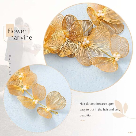 Flower Bridal Hair Vine Gold Floral Headpiece Wedding Accessories for Women - Picture 6 of 7